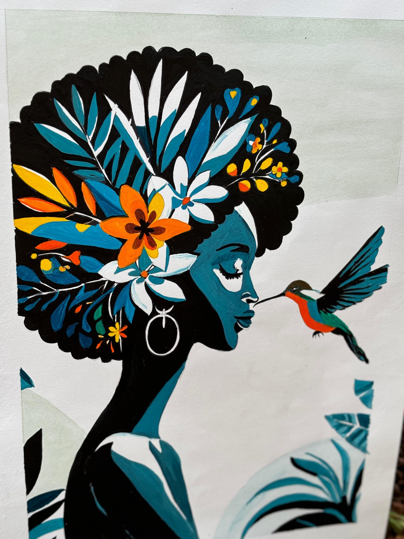 Floral Portrait & Hummingbird — original acrylic canvas sample